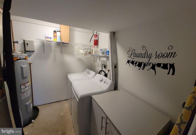 laundry area with independent washer and dryer, laundry area, and water heater
