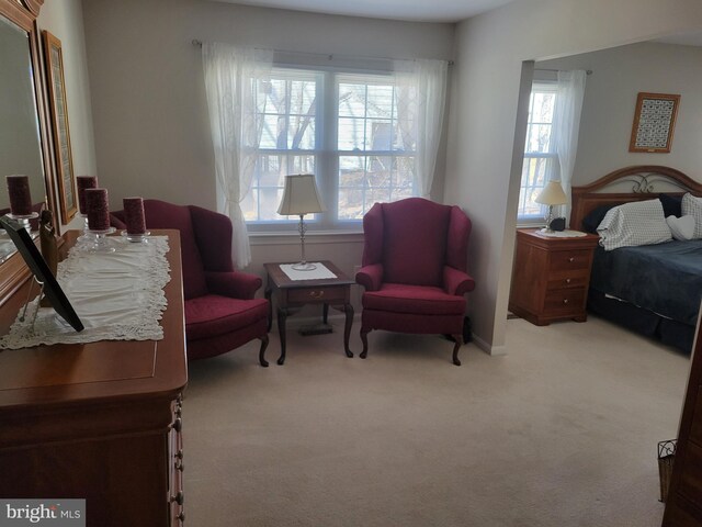 bedroom featuring baseboards, multiple windows, and light carpet