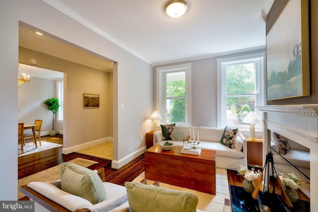209 11th St NE, Washington, DC 20002 - living area featuring ornamental molding, wood finished floors, a chandelier, baseboards, and a fireplace