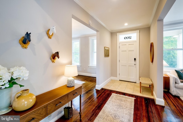 209 11th St NE, Washington, DC 20002 - foyer featuring ornamental molding, baseboards, plenty of natural light, wood finished floors, and recessed lighting