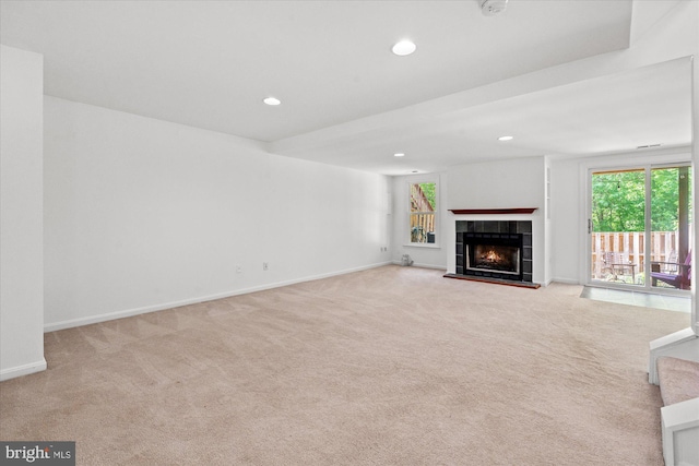 7232 Cherwell Ln, Alexandria, VA 22315 - unfurnished living room featuring carpet, recessed lighting, a tile fireplace, and baseboards