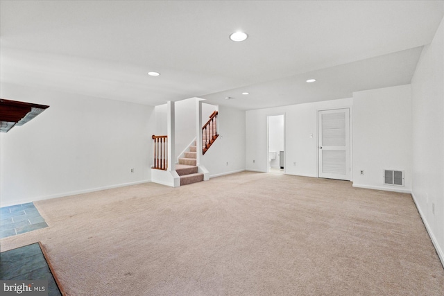 7232 Cherwell Ln, Alexandria, VA 22315 - unfurnished living room with stairway, recessed lighting, light colored carpet, and baseboards