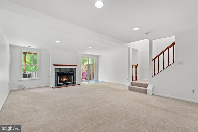7232 Cherwell Ln, Alexandria, VA 22315 - unfurnished living room with carpet flooring, plenty of natural light, baseboards, stairs, and recessed lighting