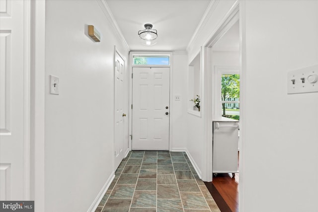 7232 Cherwell Ln, Alexandria, VA 22315 - doorway featuring stone finish floors, baseboards, and crown molding