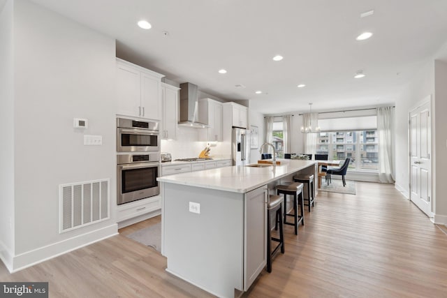 kitchen with visible vents, a kitchen bar, wall chimney exhaust hood, a sink, and appliances with stainless steel finishes