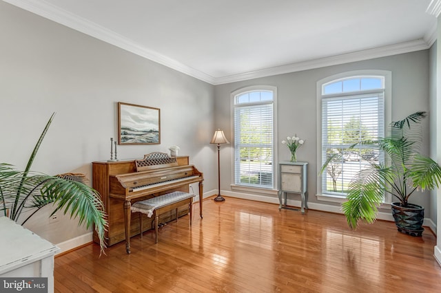 5985 Twin Branch Ct, Haymarket, VA 20169 - living area featuring baseboards, light wood-style floors, and crown molding