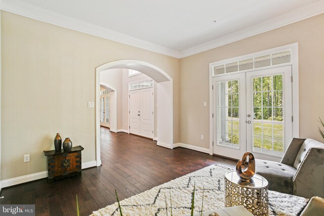 2204 Messina Ct, Eldersburg, MD 21784 - living area with arched walkways, ornamental molding, hardwood / wood-style flooring, baseboards, and french doors