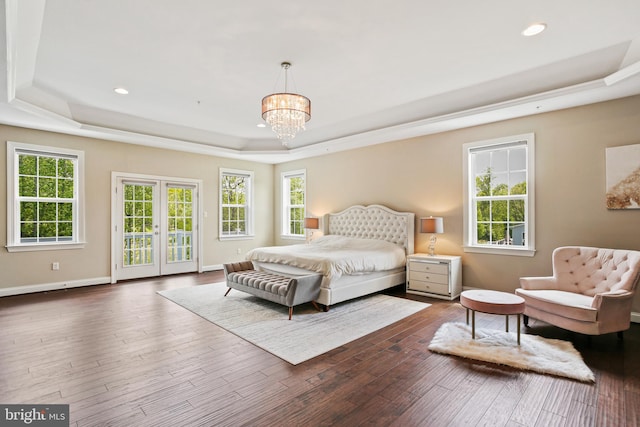2204 Messina Ct, Eldersburg, MD 21784 - bedroom featuring a tray ceiling, access to outside, wood finished floors, a chandelier, and recessed lighting