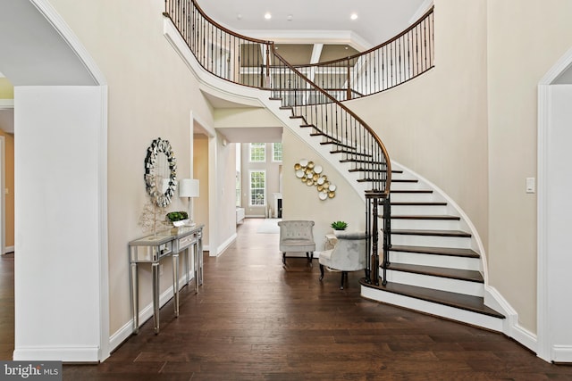2204 Messina Ct, Eldersburg, MD 21784 - entryway featuring wood-type flooring, stairs, a towering ceiling, baseboards, and recessed lighting