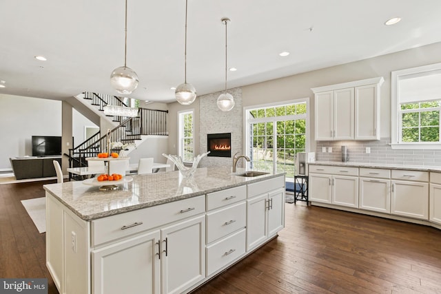 2204 Messina Ct, Eldersburg, MD 21784 - kitchen with open floor plan, a sink, a fireplace, dark wood-style flooring, and recessed lighting