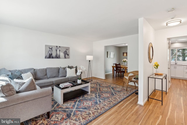 living room with baseboards and wood finished floors