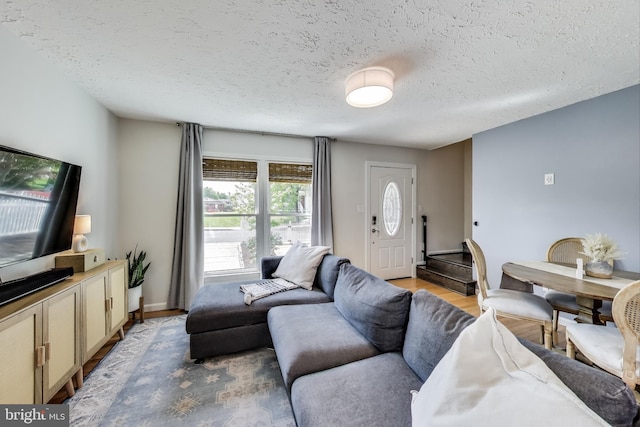 living room featuring light wood-type flooring and a textured ceiling