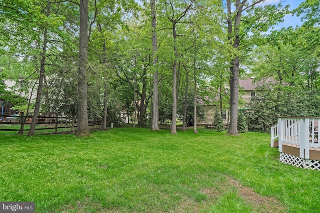 view of yard with fence and a deck