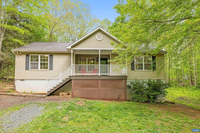 28 Begum Rd, Palmyra, VA 22963 - view of front of home with covered porch, crawl space, a front yard, and stairs