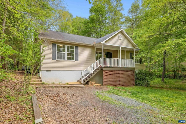 28 Begum Rd, Palmyra, VA 22963 - ranch-style house featuring stairway, covered porch, and crawl space
