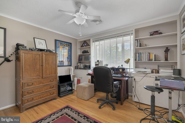 3305 Shirley Ln, Chevy Chase, MD 20815 - home office with light wood finished floors, ornamental molding, a ceiling fan, and built in shelves