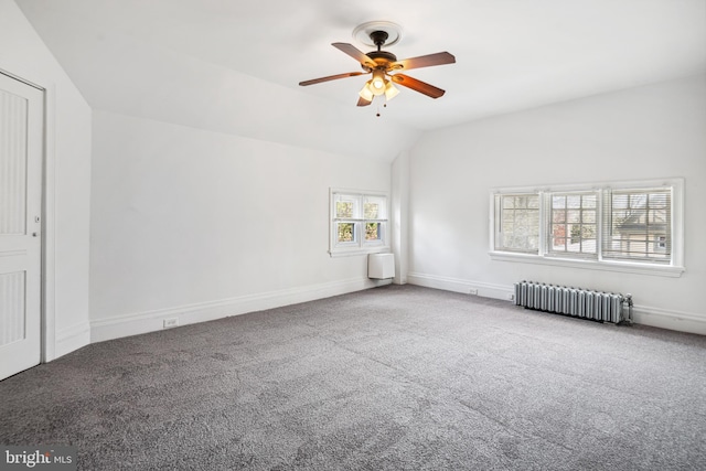 5217 Greene St, Philadelphia, PA 19144 - carpeted empty room with a ceiling fan, baseboards, vaulted ceiling, and radiator heating unit