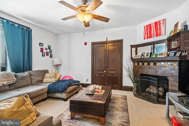 5217 Greene St, Philadelphia, PA 19144 - living area with a fireplace, light carpet, and a ceiling fan