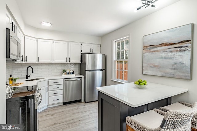 kitchen featuring a peninsula, white cabinets, a sink, appliances with stainless steel finishes, and backsplash
