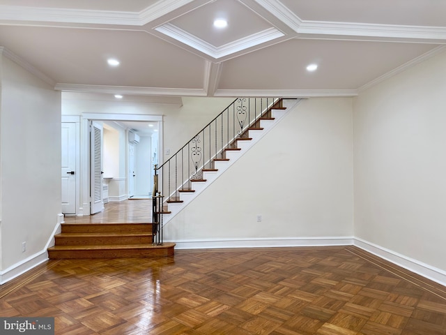 stairway with baseboards and ornamental molding
