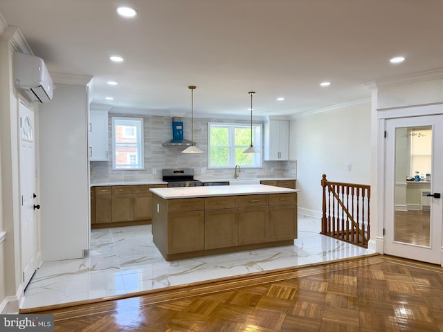 kitchen featuring decorative backsplash, electric range, range hood, an AC wall unit, and a sink