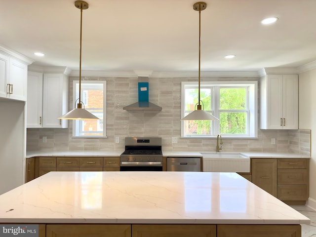 kitchen with white cabinets, appliances with stainless steel finishes, a sink, wall chimney exhaust hood, and a kitchen island