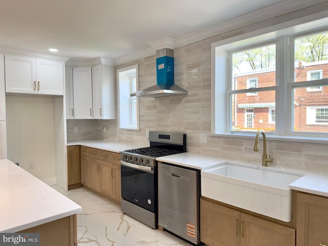 kitchen featuring a sink, appliances with stainless steel finishes, a wealth of natural light, and wall chimney range hood
