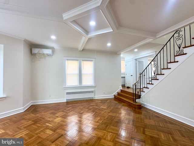 interior space featuring baseboards, radiator, a wall mounted AC, and stairway
