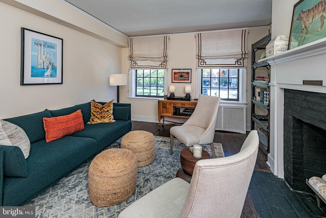 31 Palmer Sq W Unit A, Princeton, NJ 08542 - living area with a brick fireplace, baseboards, and dark wood-type flooring