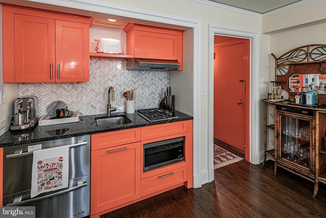 31 Palmer Sq W Unit A, Princeton, NJ 08542 - kitchen featuring ornamental molding, dark wood-type flooring, tasteful backsplash, a sink, and appliances with stainless steel finishes