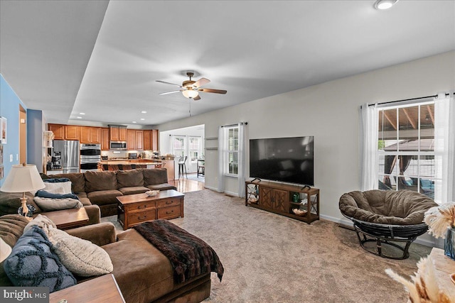 10 Warbler Ct, Stafford, VA 22554 - living room featuring light colored carpet, a ceiling fan, baseboards, and recessed lighting