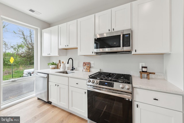 kitchen with stainless steel appliances, visible vents, white cabinetry, and a sink