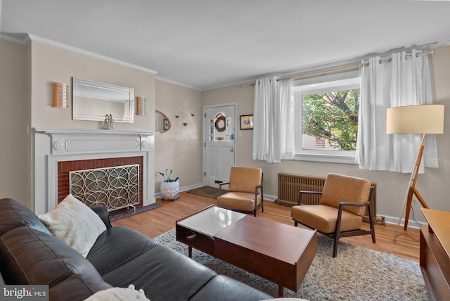 living room with baseboards, ornamental molding, radiator heating unit, and wood finished floors