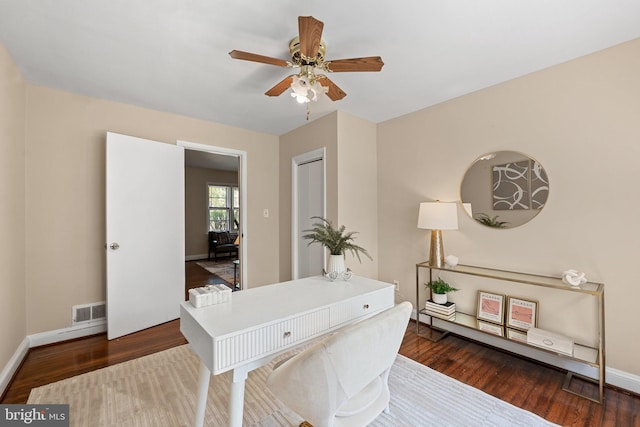 office space featuring visible vents, baseboards, ceiling fan, and wood finished floors