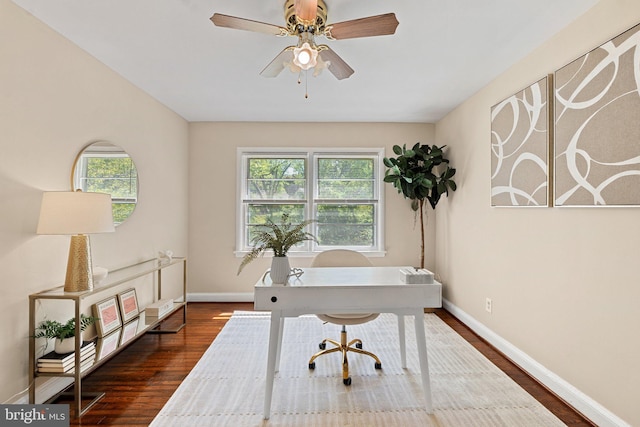 office with baseboards, dark wood-style floors, and ceiling fan