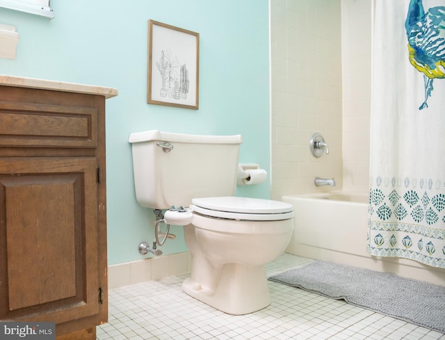 full bathroom with toilet, tile patterned floors, and shower / bathtub combination with curtain