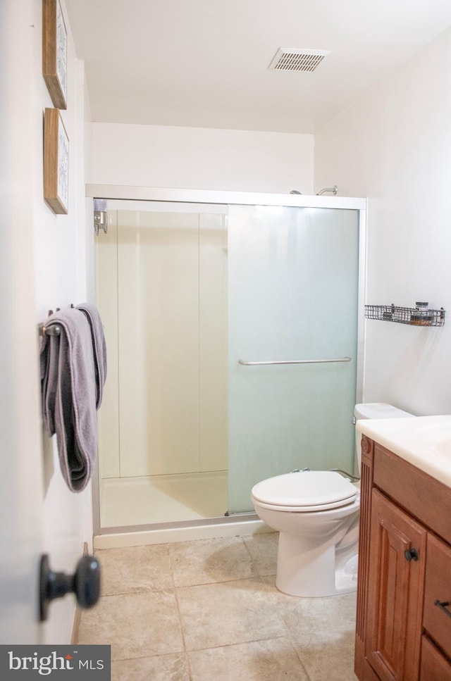 full bathroom featuring visible vents, a shower stall, vanity, tile patterned floors, and toilet
