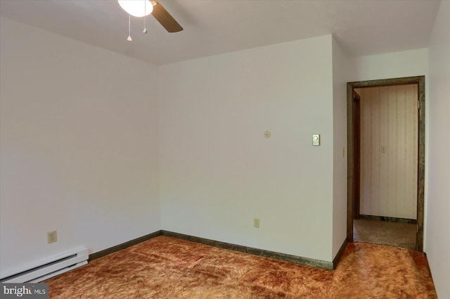 empty room with carpet floors, a ceiling fan, baseboards, and a baseboard radiator