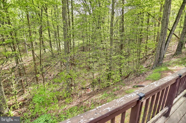 view of yard featuring a forest view