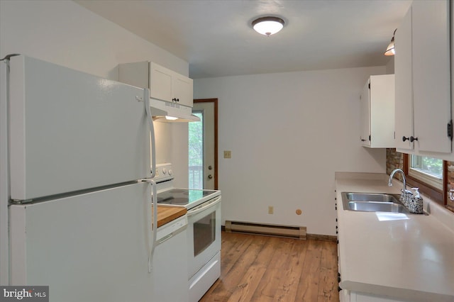 kitchen featuring a sink, white appliances, under cabinet range hood, a baseboard radiator, and light wood-style flooring