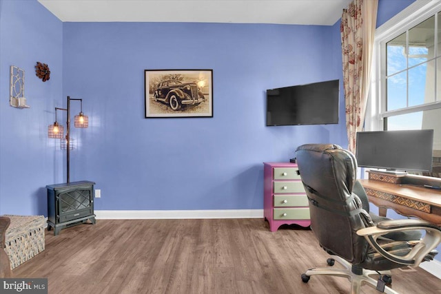 40918 White Clover Ln, Aldie, VA 20105 - home office featuring wood finished floors, a wood stove, and baseboards