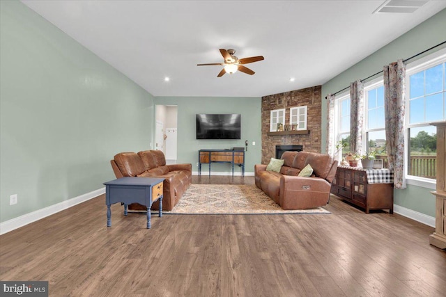40918 White Clover Ln, Aldie, VA 20105 - living room with baseboards, ceiling fan, wood finished floors, a fireplace, and recessed lighting