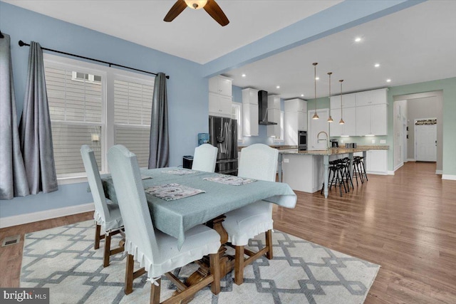 40918 White Clover Ln, Aldie, VA 20105 - dining room with light wood-type flooring, ceiling fan, baseboards, and recessed lighting