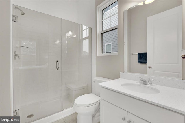 40918 White Clover Ln, Aldie, VA 20105 - bathroom featuring a stall shower, toilet, vanity, and tile patterned floors