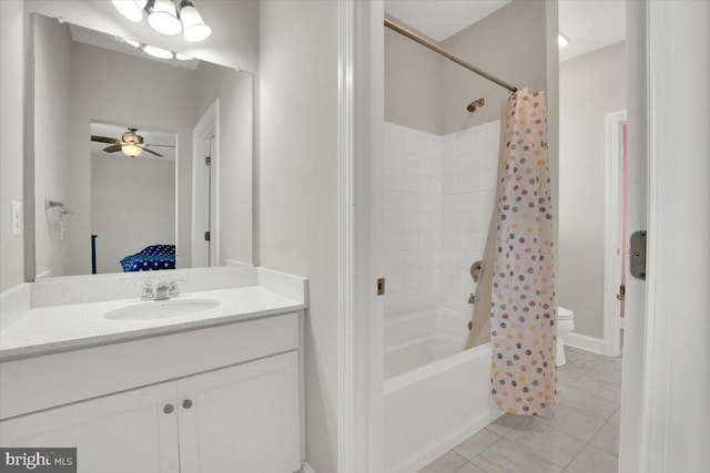 40918 White Clover Ln, Aldie, VA 20105 - bathroom with tile patterned flooring, toilet, shower / bath combo, vanity, and ceiling fan