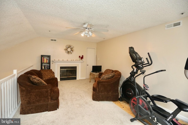 2704 Wimbledon Way, Blackwood, NJ 08012 - workout room featuring a ceiling fan, a textured ceiling, visible vents, and a glass covered fireplace
