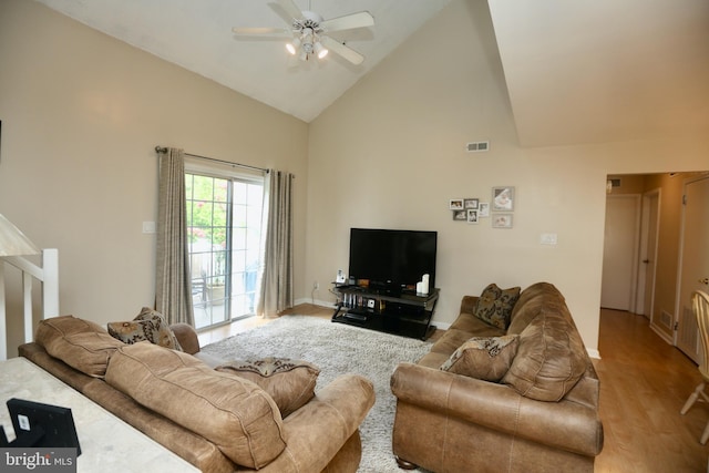 2704 Wimbledon Way, Blackwood, NJ 08012 - living area with a ceiling fan, visible vents, wood finished floors, high vaulted ceiling, and baseboards