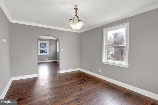 324 Woodbourne Ave, Baltimore, MD 21212 - empty room with arched walkways, dark wood-style flooring, crown molding, and a smoke detector