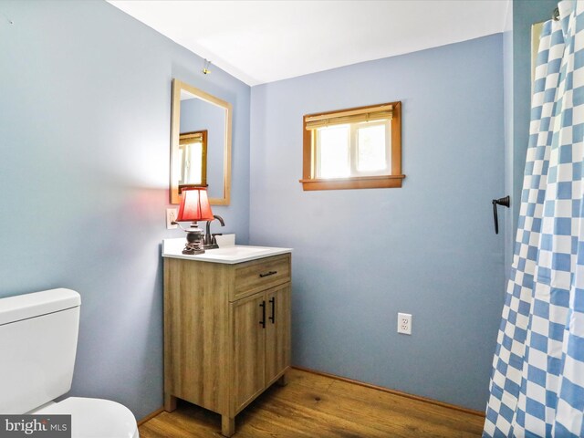 full bathroom featuring vanity, wood finished floors, toilet, and a shower with curtain