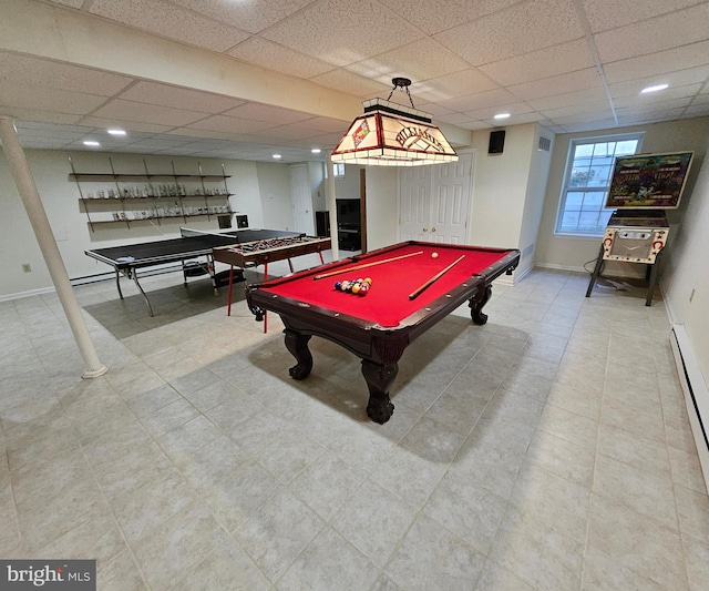 game room with baseboards, visible vents, a drop ceiling, and billiards